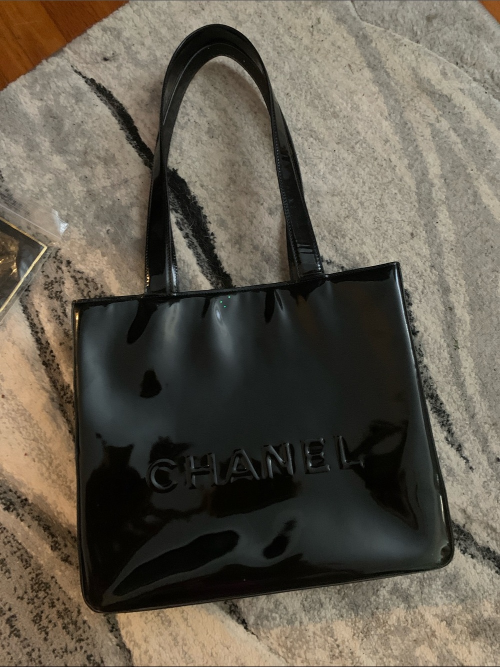 CHANEL Black Patent Embossed Logo Tote - Picture 2 of 10